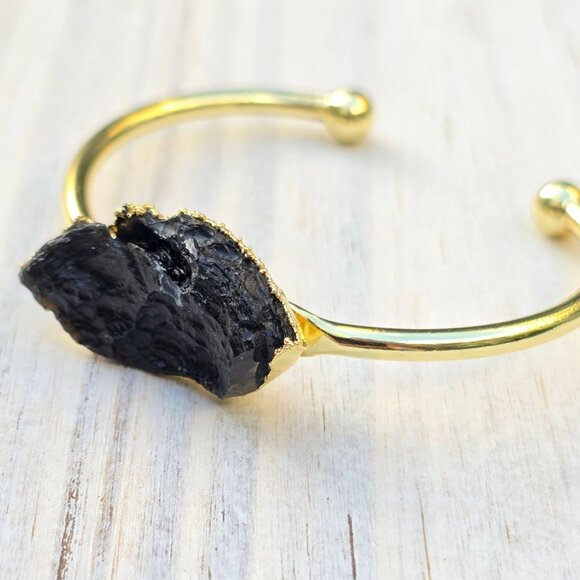 Black Tourmaline Wire Wrap Cuff – 14Kt Gold Over Copper – Grounding Talisman - Picture 9 of 11